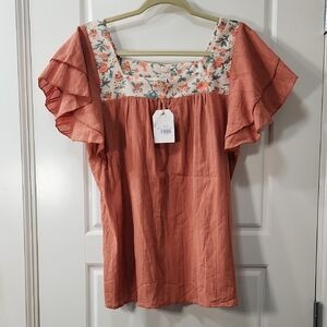 NWT  Grace & Emma Floral Square Neck Peasant Top -100% Cotton -Rust Size Med